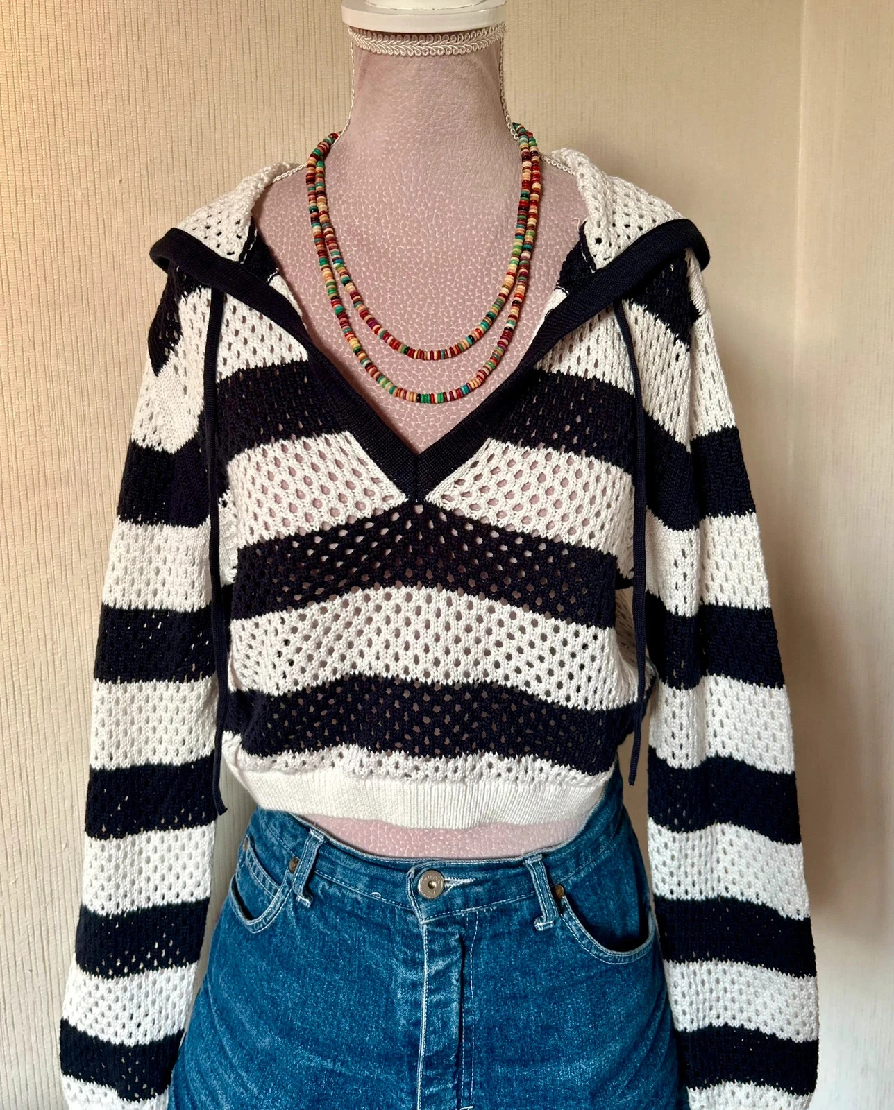 💙🌿Suéter curto de crochê com capuz e listras Y2K Beachwear festival hoodie crop striped sweater S/M🌿💙 – photo 10